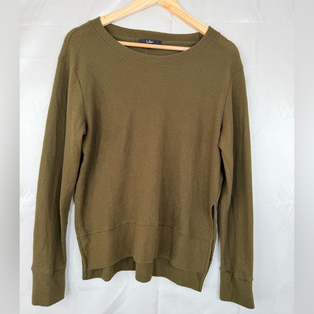 Lulus Olive Green Waffle Knit Long Sleeve Top‎ Size Small Hi Low Hem